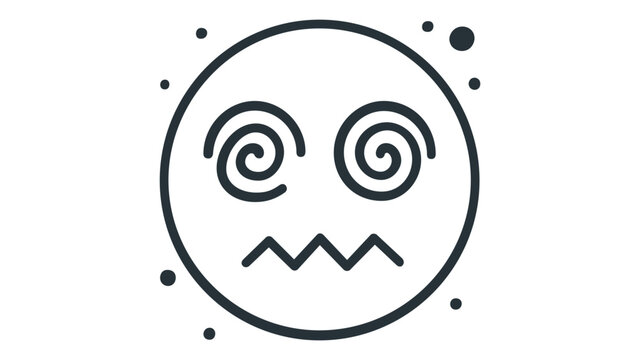 Dizzy face vector icon illustration with spiral eyes and zigzag mouth, representing confusion, nausea, or being hypnotized. Minimalist flat line art for web design and emotional expression.