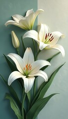 Obraz premium Three white lilies with green leaves are shown against a modern wall in muted teal and beige. Their petals are open and elegant, with visible stamen displaying pollen. One bud is also present.