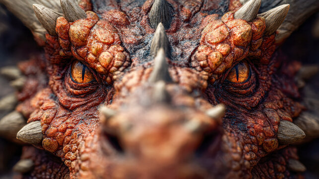Detailed front view of a mythical fantasy dragon face with textured scaly skin and sharp horns highlighting fierce yellow eyes and intricate natural patterns