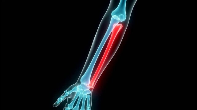 3D medical animation of a rotating human ulna bone. Glowing blue neon skeletal structure with the forearm bone highlighted in red in a futuristic X-ray style
