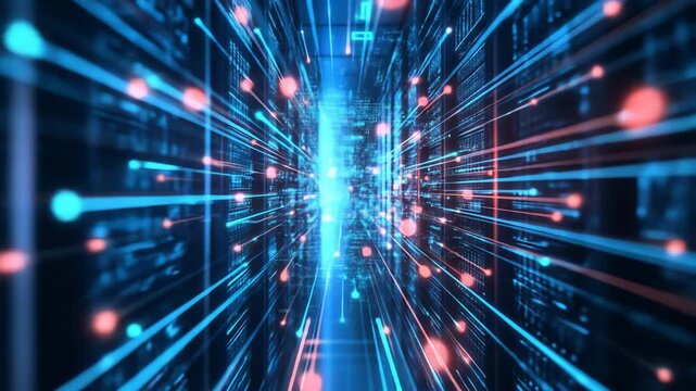 Abstract digital data stream with binary code moving in cyberspace