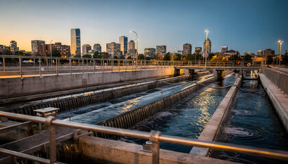 Fototapeta premium Urban Water Treatment Facility at Dusk with City Skyline in the Background, Showing Modern Infrastructure and Sustainable Water Management