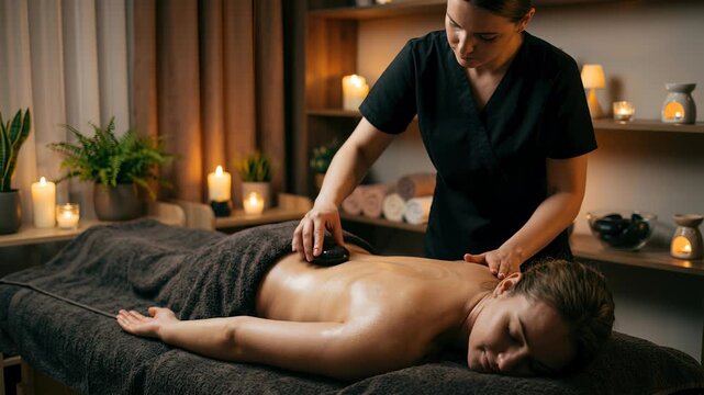 A professional massage therapist performs a relaxing hot stone massage on a young woman's back in a dimly lit, tranquil spa setting surrounded by glowing candles.
