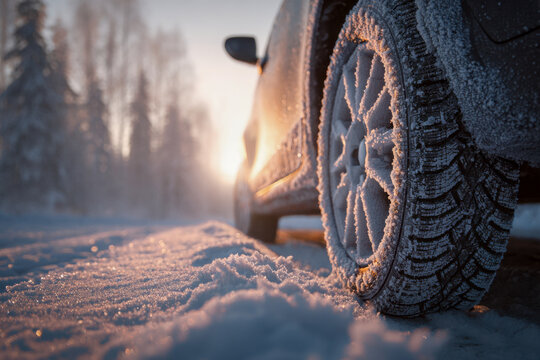Frost-covered tire of a car parked on a snowy rural road during sunrise with trees blurred in the background capturing cold winter atmosphere