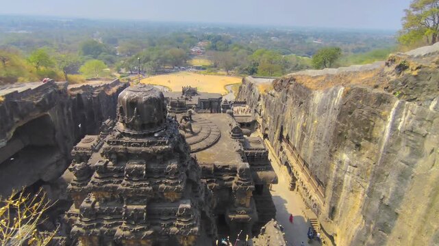 Kailasa Temple view from the top of the hill with birds flying around the Temple centre, Ellora caves Maharashtra 