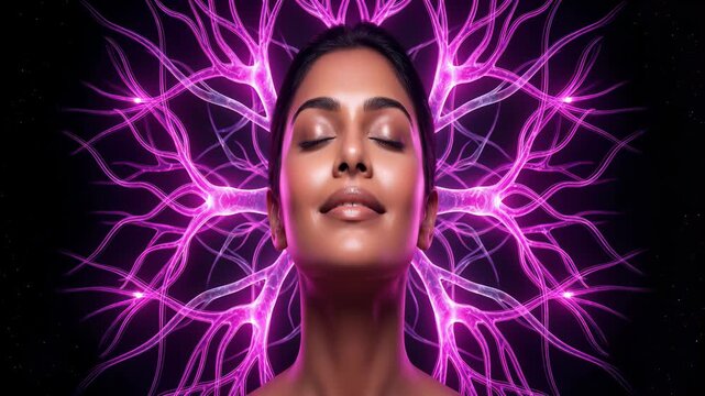 A serene woman with eyes closed surrounded by a glowing pink neural network with sparks and light particles flying as a concept for mindfulness, brain power, and mental health.