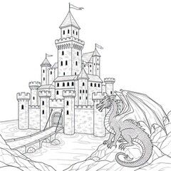 Naklejka premium Black and white illustration depicting a majestic castle and a fearsome dragon