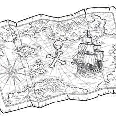 Fototapeta premium A detailed black and white illustration of a nautical map, compass, and sailing ship