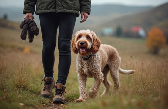 Wirehaired dog walks with owner through autumn meadow. Person holds stuffed toy, dog is happy with tongue out. Rural landscape with blurred houses.