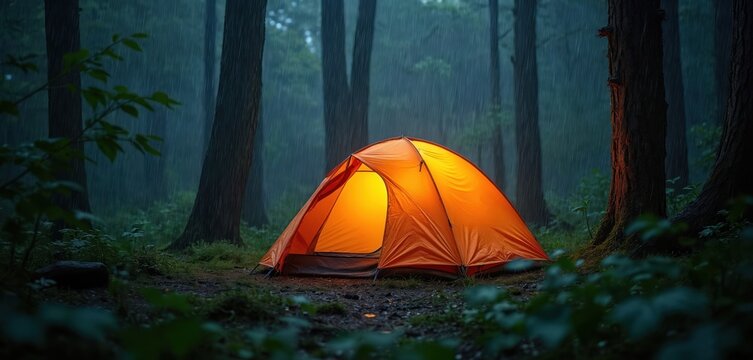 Bright orange tent glows warmly in dark rainy forest. Night camping shelter amidst tall trees on wet ground. Waterproof cover protects from downpour, offering refuge.