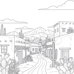 Fototapeta premium Line art illustration of a desert town, with cacti, buildings, and a winding road