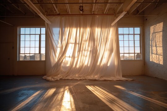 Sunlight streaming through large windows and sheer curtains in an empty industrial loft space.