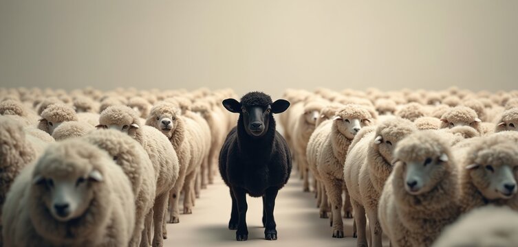 Black sheep stands among white flock. One animal differs from group. Concept for individuality courage and thinking differently against conformity. Stands out unique.