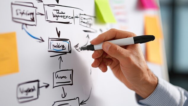 Business professional drawing a flowchart on a whiteboard for planning and strategy.