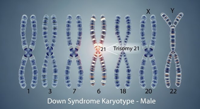 Detailed scientific illustration depicting a human male karyotype with an extra chromosome 21, characteristic of Trisomy 21, the genetic cause of Down Syndrome