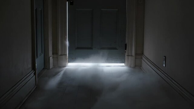 A beam of light shines through a dark hallway with smoke on the floor