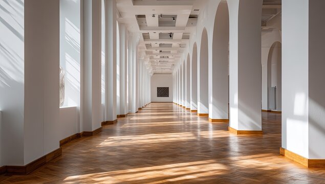Long white corridor with large pillars and wooden floor bathed in sunlight.