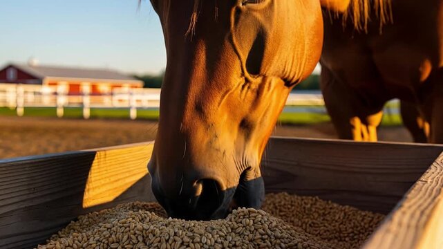 Close-up of horses eating grain from a wooden trough at sunset
