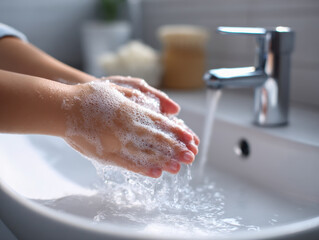 Fototapeta premium Person washing hands thoroughly with soap under running water in a modern bathroom sink to promote hygiene and cleanliness practices