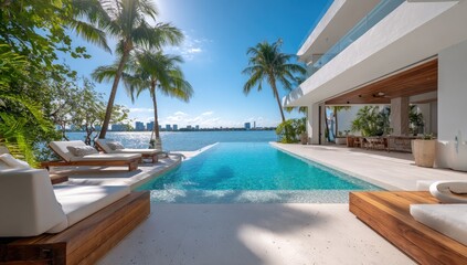 Fototapeta premium Luxury Waterfront Villa with Infinity Pool and Palm Trees.