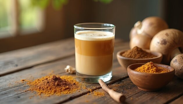 Warm latte drink with spices and mushrooms. Superfood beverage offers healthy nourishment and immune support. Natural herbal supplement for wellness lifestyle.