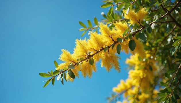 African yellow flamboyant tree branch with fluffy yellow flowers and green leaves against clear blue sky. Bright floral natural background with delicate blossom detail.