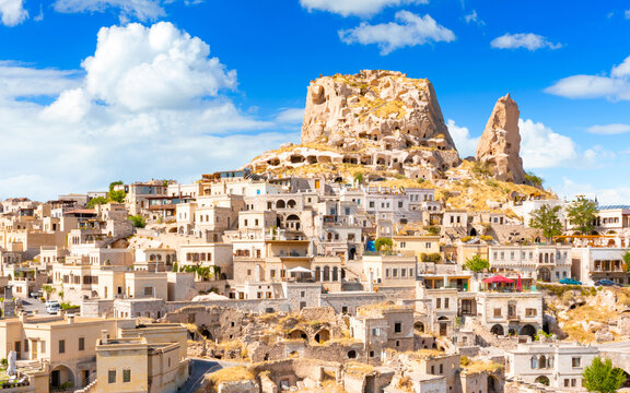 Uchisar castle in rock formation. Cappadocia. Nevsehir Province. Turkey