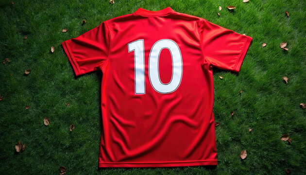 Red soccer jersey with number 10 lies on green grass field. Uniform is ready for player on start of season or game. Top view on athletic wear.