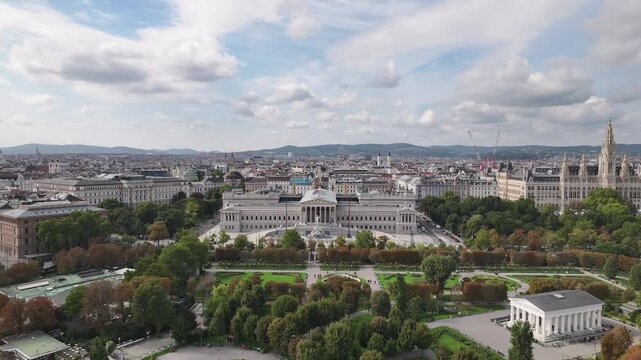 Aerial of Ringstrasse showing Parliament and Volksgarten park in Vienna.