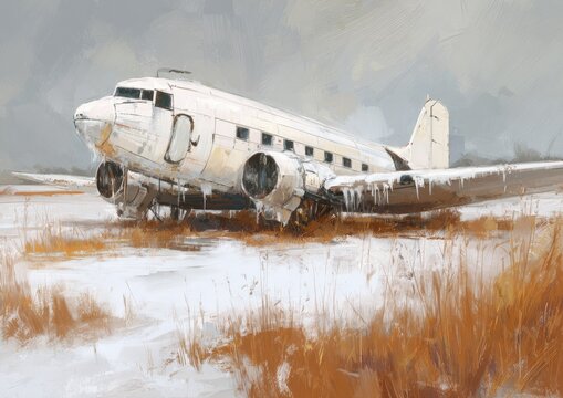Vintage Douglas DC-3 Airplane Abandoned in Snowy Field.
