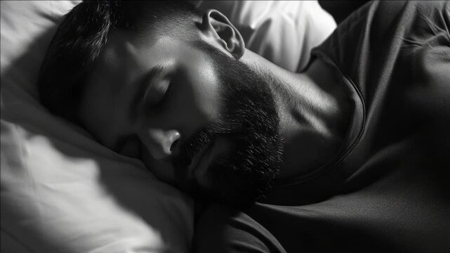 Man with beard resting, dark room ambiance.