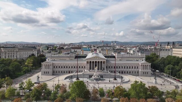 Drone aerial of Ringstrasse with iconic Vienna architecture and landmarks.