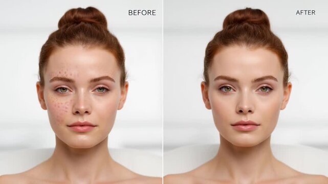 A Split-Screen Comparison Showing a Woman's Facial Skin Transformation Before and After Professional Cosmetic Retouching and Dermatological Skincare Treatment