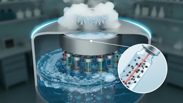 Detailed 3d animation showing the scientific process of cryopreservation, with sperm samples being submerged and frozen in liquid nitrogen inside a dewar for long term storage in a laboratory