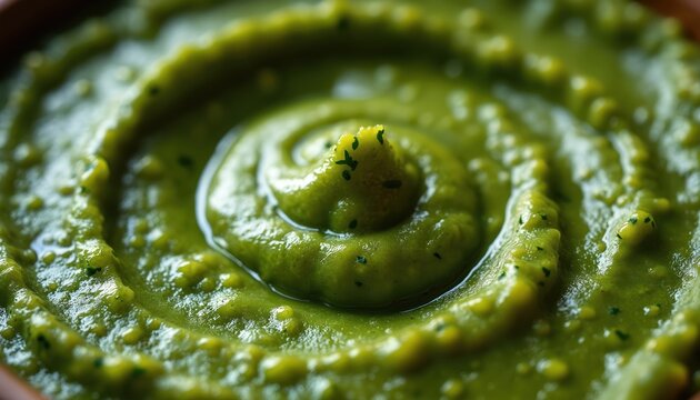 Thick green sauce with creamy texture swirled in a bowl. Specks of herbs visible in vibrant appetizing food preparation. Healthy meal ingredient.