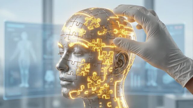 Roboticist's hand in a sterile glove completing a puzzle head of a humanoid robot, revealing glowing gold circuits underneath, symbolizing the final step in creating artificial intelligence