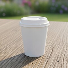 Obraz premium Close-up of a blank white disposable coffee cup with lid on a wooden surface, outdoors
