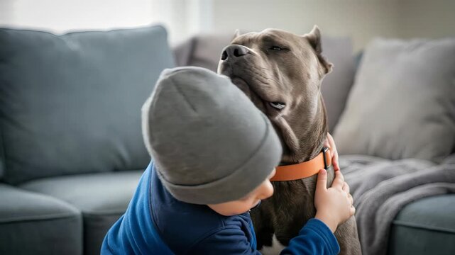 Adorable little boy in a beanie hat showing love and affection by hugging his big cane corso dog, showcasing the strong, heartwarming bond between a child and his loyal family pet at home