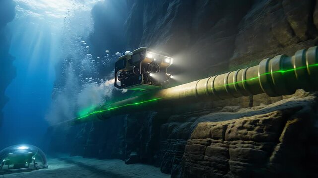 Robotic submarine surveying a gas or oil pipeline with a green laser scanner in a deep ocean canyon, illustrating advanced subsea engineering, maintenance, and resource exploration concepts