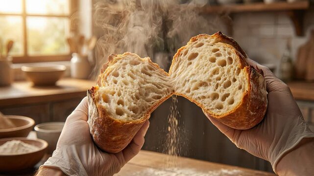 Close up of a baker's hands wearing gloves breaking in half a fresh loaf of steaming sourdough bread, showing its soft texture and crispy crust in a rustic, sunlit kitchen