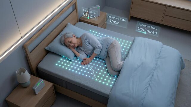 Elderly woman sleeping on a smart mattress with embedded sensors monitoring heart rate, breathing and pressure map for home healthcare, iot wellness and remote patient monitoring