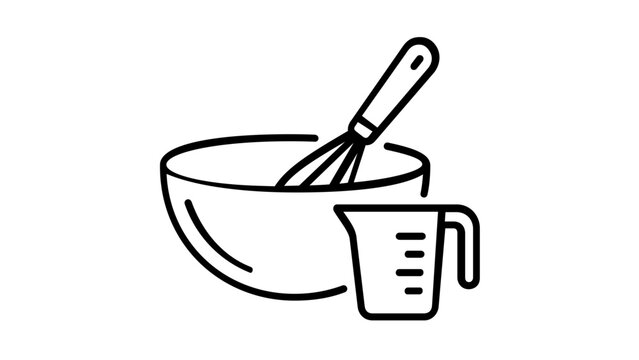 Kitchen cooking vector icon illustration featuring a mixing bowl, whisk, and measuring cup. Minimalist black line art for culinary, baking, food preparation, and recipe design. AI-generated.
