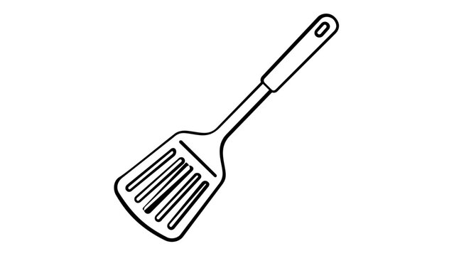 Minimalist black and white line art vector icon illustration of a kitchen spatula turner utensil, ideal for cooking, baking, culinary apps, food preparation, and restaurant menu graphic design.