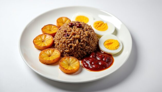 Ghanaian waakye served with fried plantains, shito sauce, and boiled eggs. Rice dish with savory sides, prepared for mealtime. Delicious African cuisine on white plate.