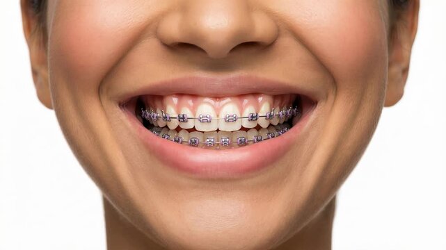 Lower part of a woman's face with a beautiful smile wearing braces on her teeth for dental correction and alignment, showing a perfect smile isolated on a white studio background