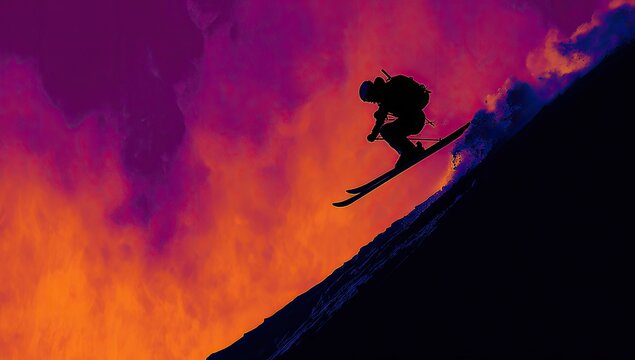Silhouette of a skier descending a snowy slope against a vibrant sunset sky.