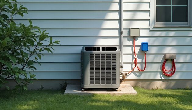 Outdoor air conditioning unit near residential house exterior wall, with gas meter, utility lines, and red hose. Green grass yard and leafy bush in foreground, clean home facade.