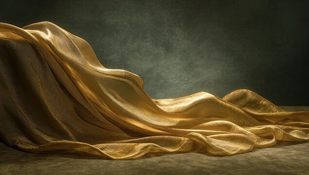 Elegant Golden Silk Fabric Draped Artfully on Textured Background.