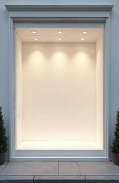 Modern white shopfront window display is empty. It is illuminated from above by spotlights. Outside small green trees in pots flank the entrance. A clean template for retail advertising.