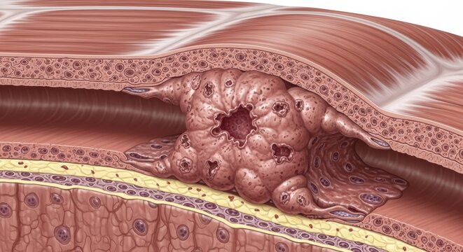 Detailed medical illustration of a cellular tumor or abnormal growth infiltrating subcutaneous tissue layers and muscle fibers, depicting a pathological condition within the human body